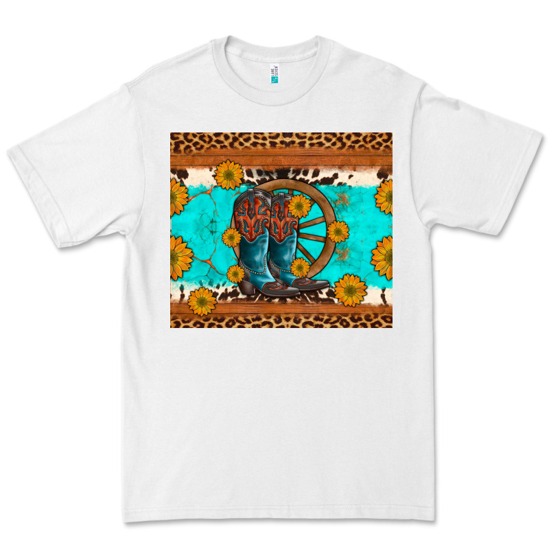 Cowboy Boots And Sunflowers Turquoise Leopard Background Premium Tee by Artiststas | Teevron