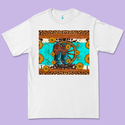 Cowboy Boots And Sunflowers Turquoise Leopard Background Premium Tee Designed By Artiststas