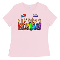 Bubblegum Pink human with hands and pride flags Ladies Tee - AdoDesignShop