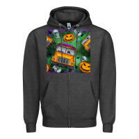 Charcoal Heather halloween bus and pumpkin seamless pattern Zipper Hoodie - BundleAndBundleShop