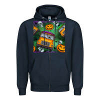 Navy halloween bus and pumpkin seamless pattern Zipper Hoodie - BundleAndBundleShop