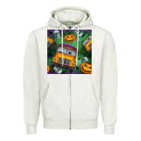 Oatmeal Heather halloween bus and pumpkin seamless pattern Zipper Hoodie - BundleAndBundleShop