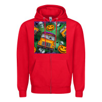 Red halloween bus and pumpkin seamless pattern Zipper Hoodie - BundleAndBundleShop