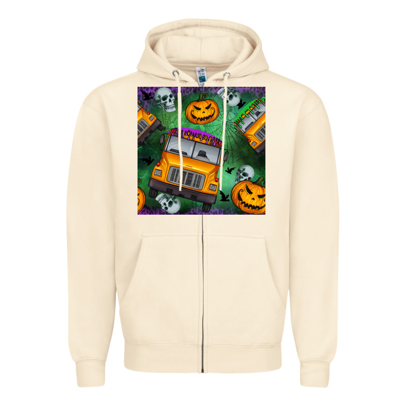 Halloween Bus And Pumpkin Seamless Pattern Zipper Hoodie by BundleAndBundleShop | Teevron