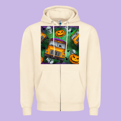 Halloween Bus And Pumpkin Seamless Pattern Zipper Hoodie Designed By Bundleandbundleshop