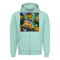 Seafoam halloween bus and pumpkin seamless pattern Zipper Hoodie - BundleAndBundleShop