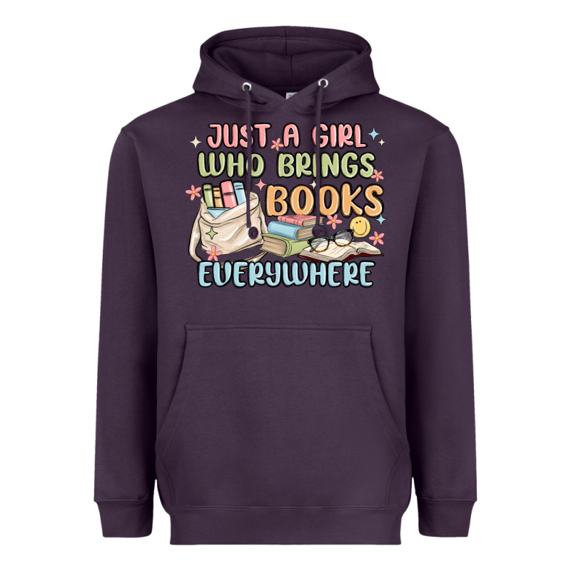 Just A Girl Who Brings Books Everywhere Heavyweight Hoodie by MaliasSmallBusiness | Teevron