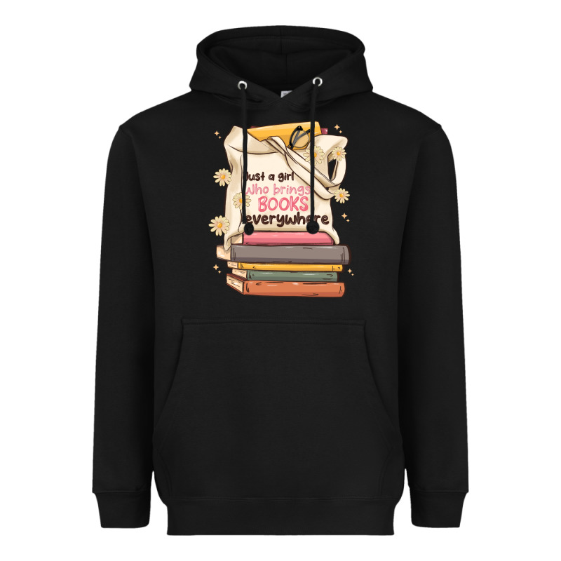 Just A Girl Who Brings Books Everywhere Heavyweight Hoodie by MaliasSmallBusiness | Teevron