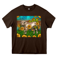 Chocolate Brown Western Charolais Bull With Sunflowers Heavy Core Tee - LillyAllenDesigns