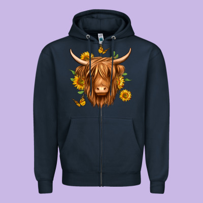 Sunflowers Long Haired Cow Zipper Hoodie Designed By Jasminsmagicworld