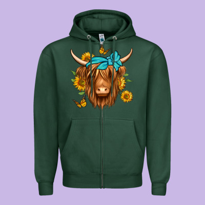 Sunflower Long Haired Cow Zipper Hoodie Designed By Jasminsmagicworld