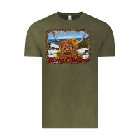 Vintage Olive merry christmas highland cow with farm Vintage Tee - RanaPortraitStore