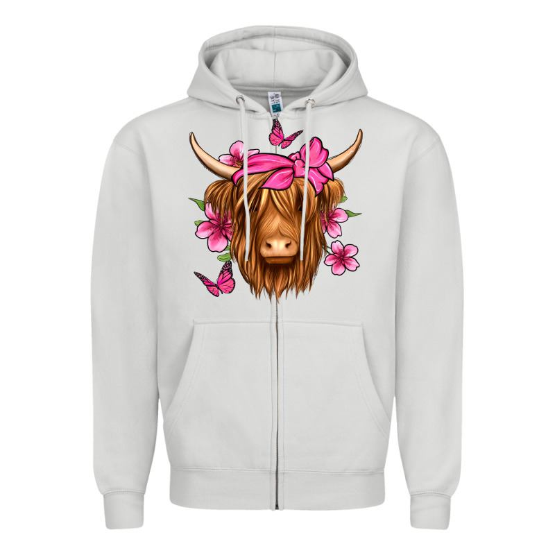 Floral Pink Bandana Longhaired Cow Zipper Hoodie by Jasminsmagicworld | Teevron