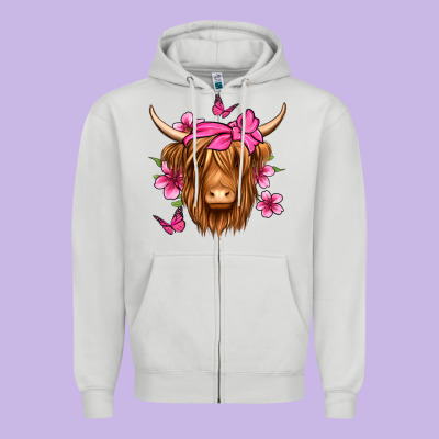 Floral Pink Bandana Longhaired Cow Zipper Hoodie Designed By Jasminsmagicworld