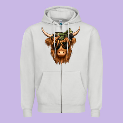 Camouflage Long Haired Cow Zipper Hoodie Designed By Jasminsmagicworld
