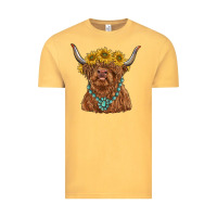 Vintage Mustard highland cow with sunflower and gemstone Vintage Tee - RanaPortraitStore