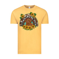 Vintage Mustard scottish calf sunflowers rainbow Vintage Tee - BarkalooDesign