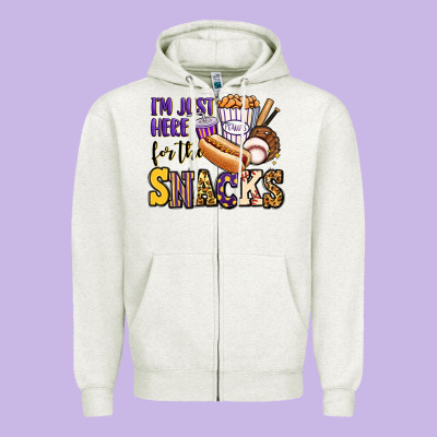 I'm Just Here For The Snacks Baseball Purple And G Zipper Hoodie Designed By Jasminsmagicworld