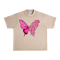 French Oak Pink Flowers and Breast Cancer Ribbon Butterfly Urban Heavy Tee - texasbilliewilder