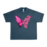 Midnight Navy Pink Flowers and Breast Cancer Ribbon Butterfly Urban Heavy Tee - texasbilliewilder