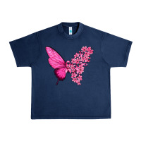 Navy Pink Flowers and Breast Cancer Ribbon Butterfly Urban Heavy Tee - texasbilliewilder