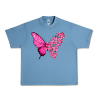 Pebble Blue Pink Flowers and Breast Cancer Ribbon Butterfly Urban Heavy Tee - texasbilliewilder