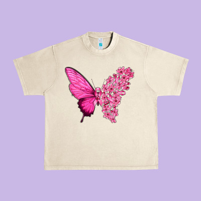 Pink Flowers And Breast Cancer Ribbon Butterfly Urban Heavy Tee Designed By Texasbilliewilder