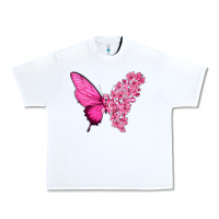 White Pink Flowers and Breast Cancer Ribbon Butterfly Urban Heavy Tee - texasbilliewilder