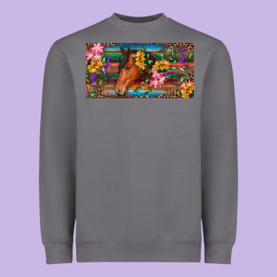 Heavyweight Sweatshirt Brown horse with flowers and leopard