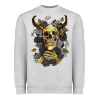 Heather Grey Bull Human Skull With Gold Roses Heavyweight Sweatshirt - RanaPortraitStore