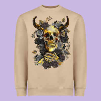 Heavyweight Sweatshirt Bull Human Skull With Gold Roses