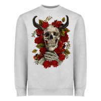 Heather Grey Bull Human Skull With Roses Heavyweight Sweatshirt - RanaPortraitStore