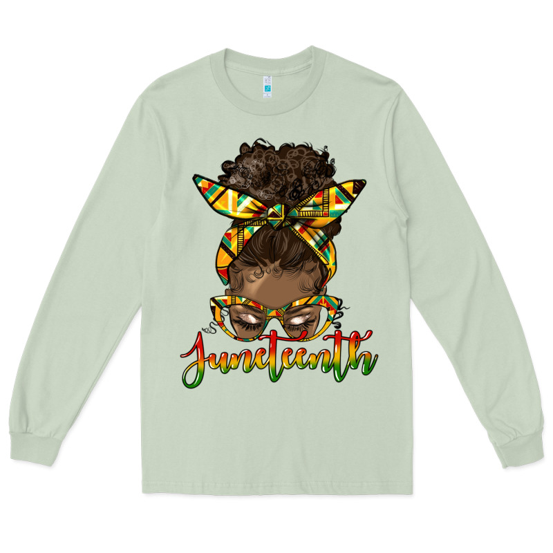 Juneteenth Black Woman Messy Bun Long Sleeve Tee by HRA Design Shop | Teevron