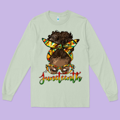 Juneteenth Black Woman Messy Bun Long Sleeve Tee Designed By Hra Design Shop
