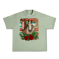 Oil Green horses with roses Urban Heavy Tee - RanaPortraitStore