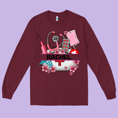 Costom Name Nurse Hat And Elements Long Sleeve Tee Designed By Adodesignshop