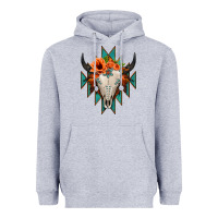 Heather Grey Aztec Turquoise Bull Skull Heavyweight Hoodie - Jasminsmagicworld