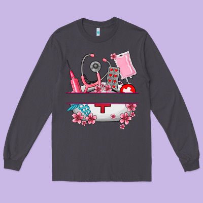 Custom Name Nurse Hat And Elements Long Sleeve Tee Designed By Adodesignshop