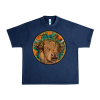 Navy fall highland cow round Urban Heavy Tee - RanaPortraitStore