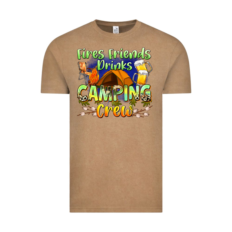 Fires Friends Drinks Camping Crew Vintage Tee by Zillion Design Studio | Teevron
