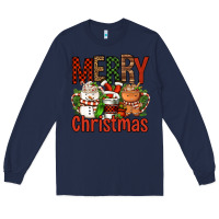 Navy Merry Christmas Coffee Cups Long Sleeve Tee - FaDigitalArtStudio