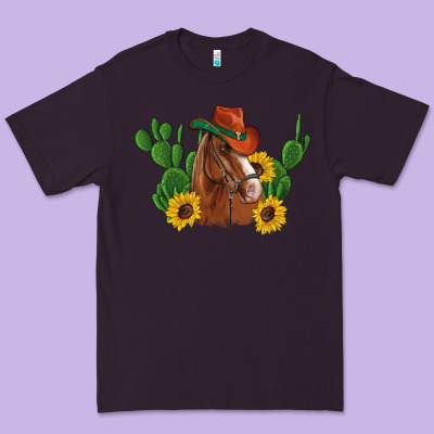Western Horse Cowboy Hat Cactus Sunflowers Premium Tee Designed By Artiststas