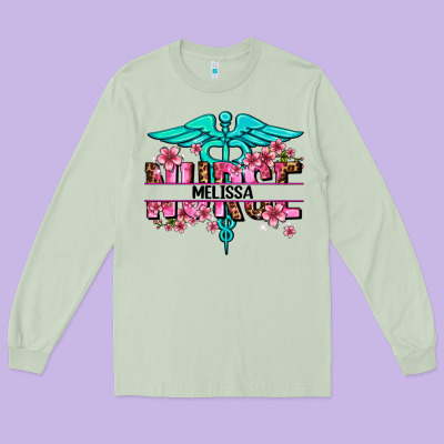 Floral Nurse Custom Name Long Sleeve Tee Designed By Adodesignshop