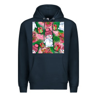 Navy cute snowman and gift box with leopard seamless pattern bbs Premium Hoodie - BundleAndBundleShop