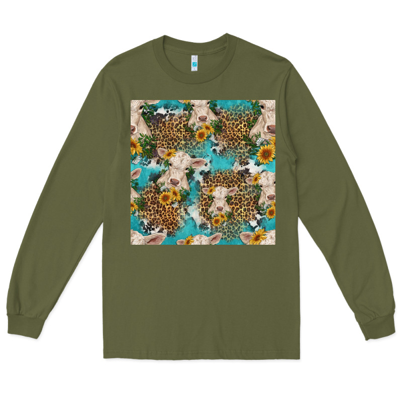 Charolais Cow And Sunflowers Seamless Pattern Long Sleeve Tee by HRA Design Shop | Teevron