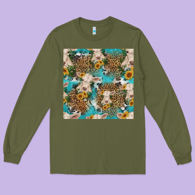 Charolais Cow And Sunflowers Seamless Pattern Long Sleeve Tee Designed By Hra Design Shop