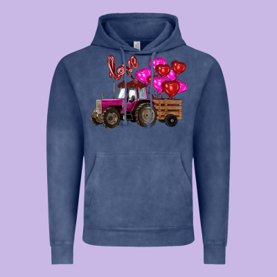 Vintage Hoodie Valentine's day pink tractor with pin heart balloons