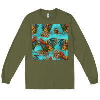Army Green rooster and sunflowers seamless pattern Long Sleeve Tee - HRA Design Shop
