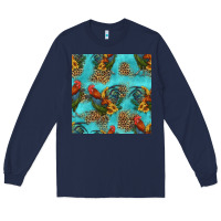 Navy rooster and sunflowers seamless pattern Long Sleeve Tee - HRA Design Shop