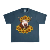 Midnight Navy hereford cow with sunflowers Urban Heavy Tee - RanaPortraitStore
